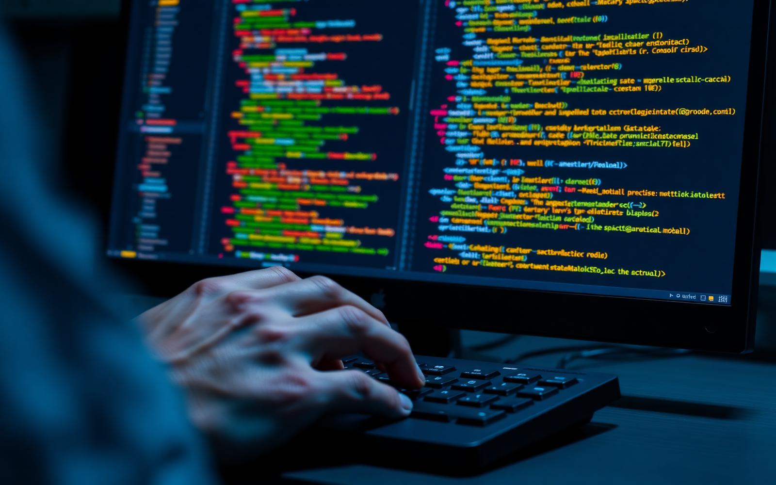 Software developer writing code on a multi-monitor setup