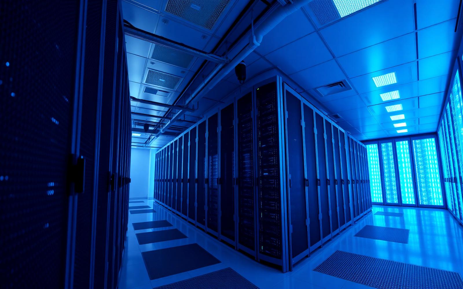 Data center server racks with blue indicator lights