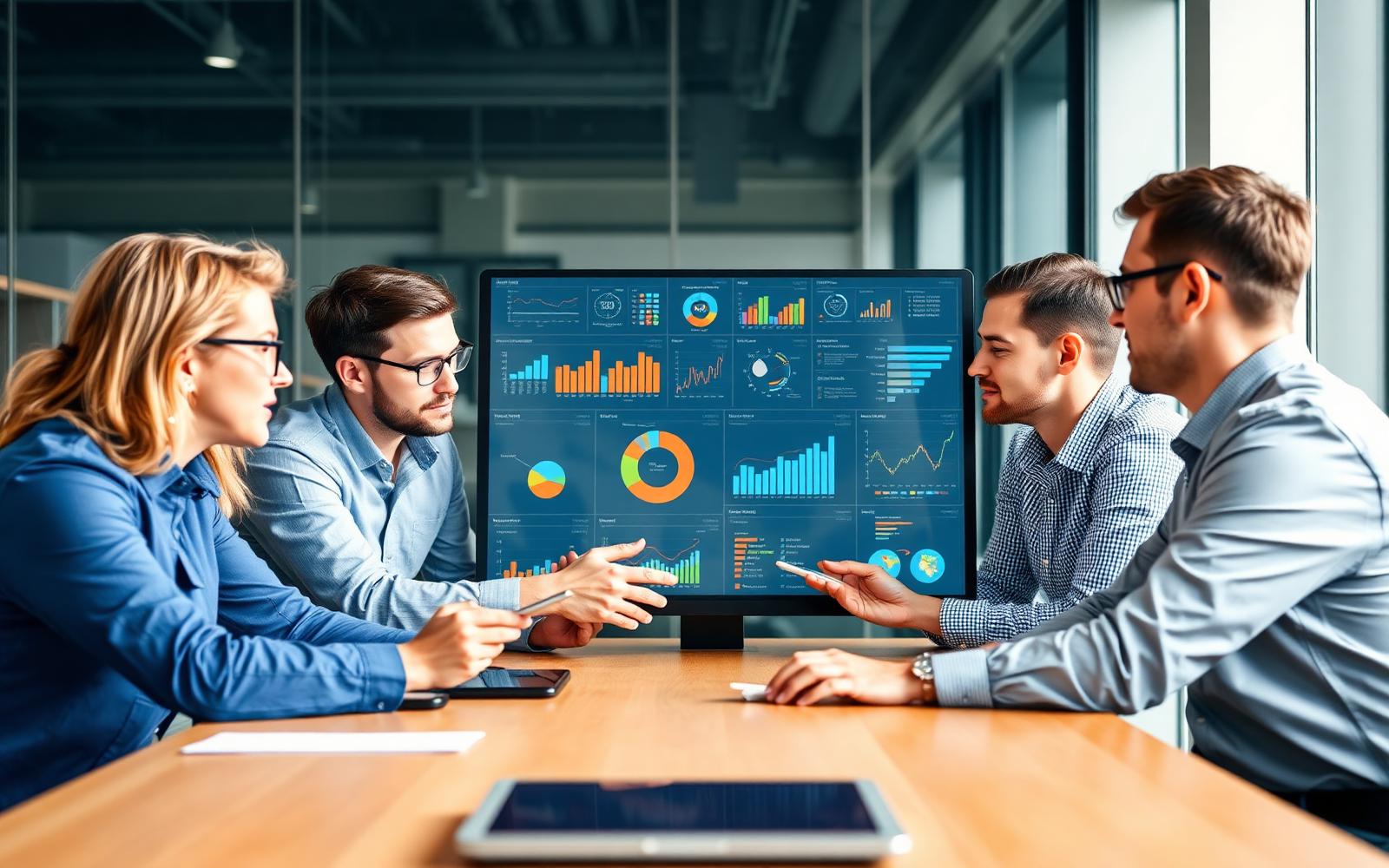 Data analytics team reviewing business intelligence dashboards