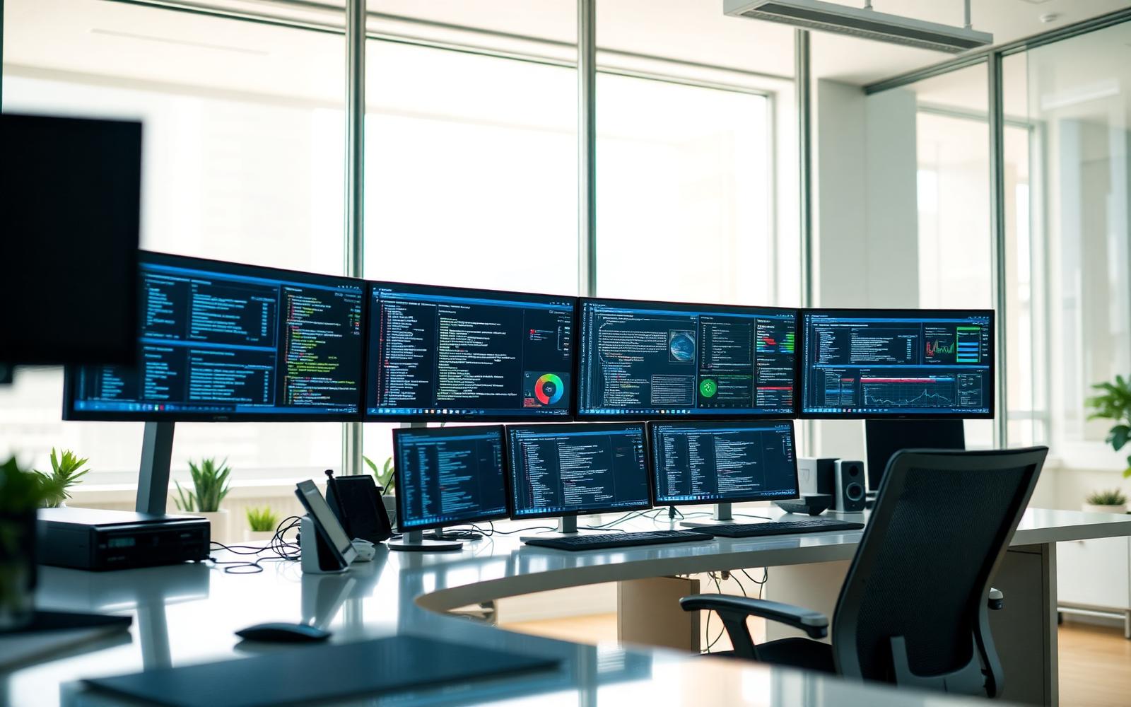 Enterprise IT workspace with engineers at modern workstations